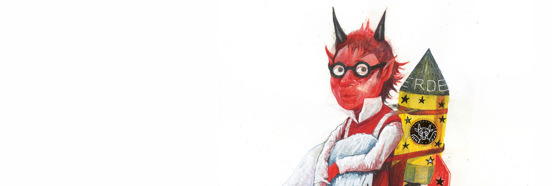 Zeichnung vom Herrn Teufel mit einer Rakate auf dem Rücken